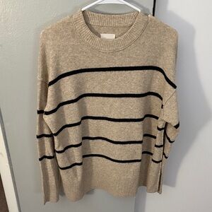 Men's Beige Crewneck Sweater with Black Stripes